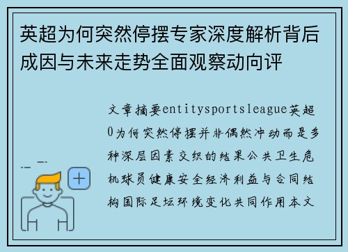 英超为何突然停摆专家深度解析背后成因与未来走势全面观察动向评